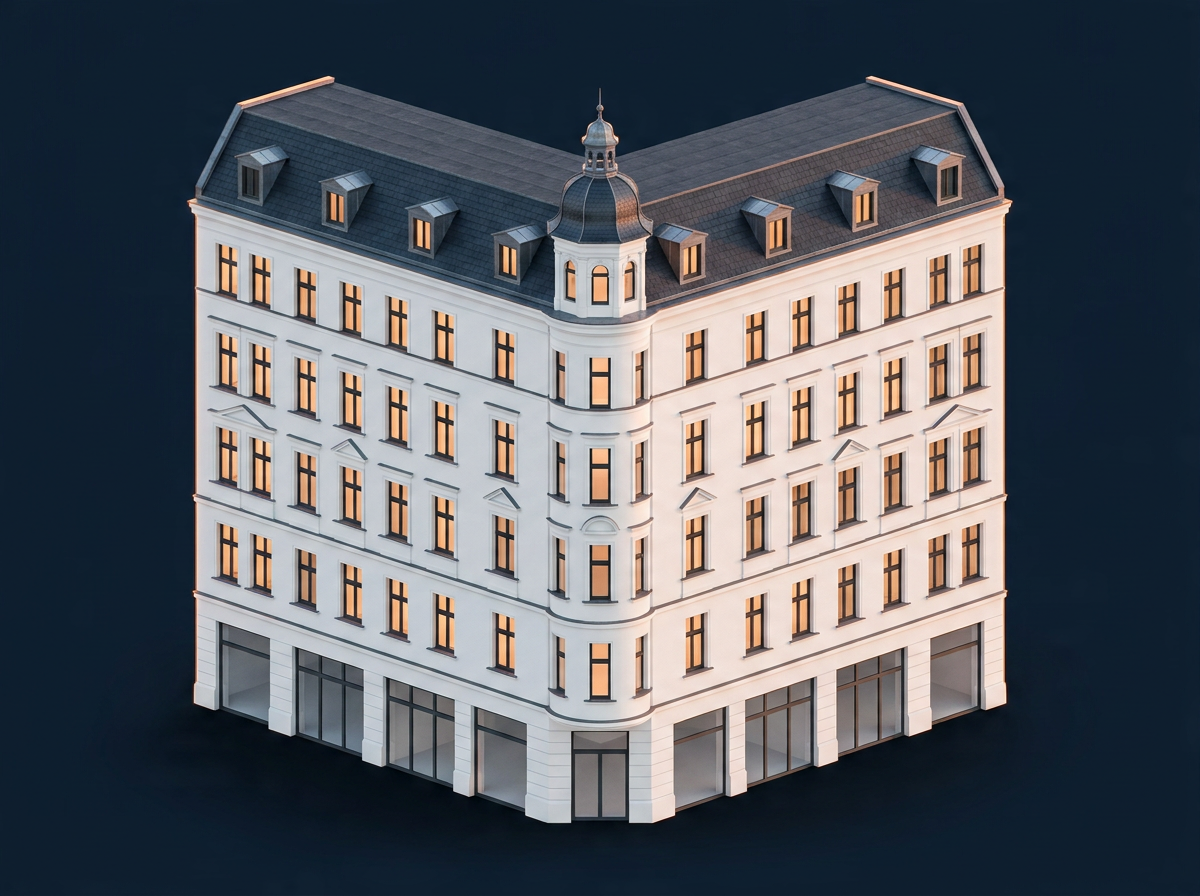 Wohnhauszeile in Karlsruhe bei Dämmerung — Immobilienportfolio